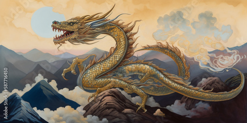 A majestic dragon perched atop a mountain peak in an oil painting inspired by Hokusai's "The Great Wave off Kanagawa" 
