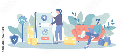 Mobile Banking Application or Program. Online transactions and transfers, electronic wallet. Online shopping in store, mobile commerce. Vector illustration with character situation for web.
