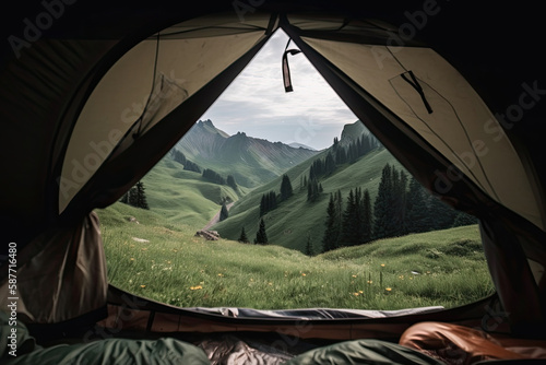 Amazing view from inside tent to mountain landscape. Camping during hike in mountains, outdoor activities. Created with Generative ai