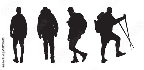 Travelling Silhouette. Hiking Silhouette. Travelling man with backpack black silhouette vector. Traveler Silhouette.