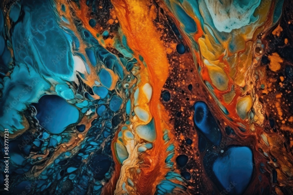 vibrant abstract painting featuring blue and orange hues. Generative AI
