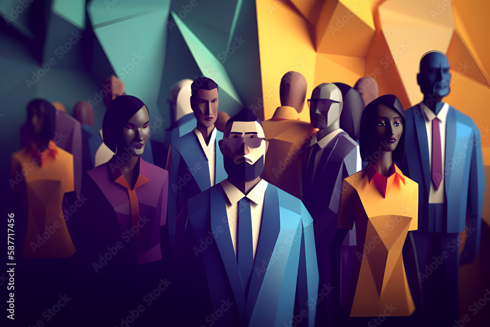 Low Poly Generative AI of Multicultural People At Work. Different Employees Working Together 
