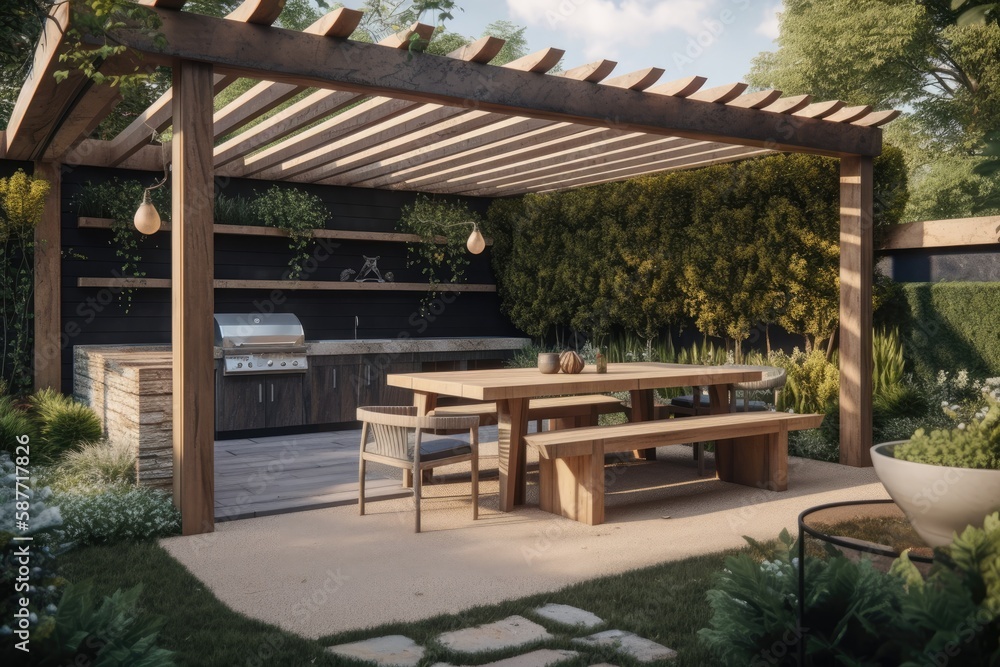 cozy outdoor dining area with a wooden table and a pergola overhead. Generative AI - obrazy, fototapety, plakaty 