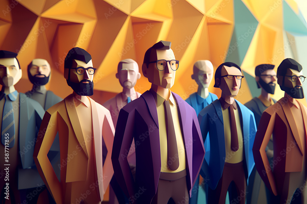 Low Poly Generative AI of Multicultural People At Work. Different Employees Working Together 
