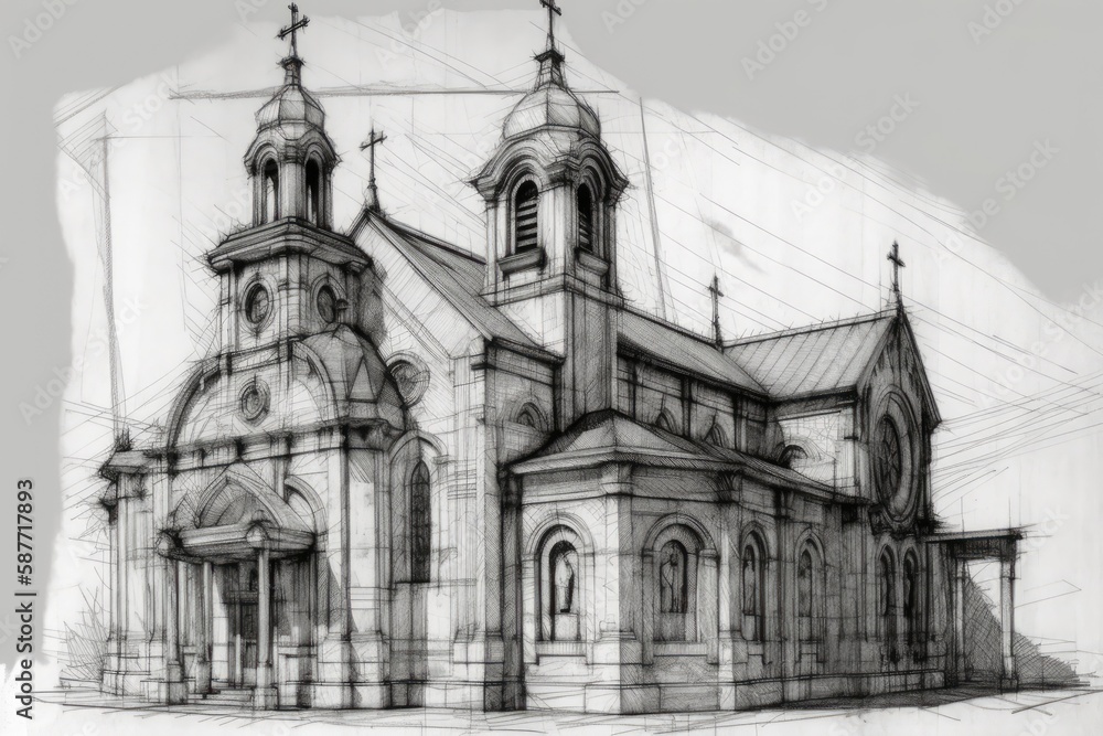 detailed black and white sketch of a church building. Generative AI