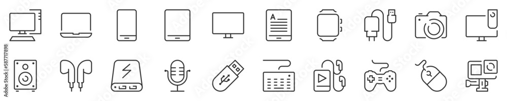 Line icons about devices. Thin line icon set. Symbol collection in transparent background. Editable vector stroke. 512x512 Pixel Perfect. Line icons about devices. Thin line icon set. Symbol collection in transparent background. Editable vector stroke. 512x512 Pixel Perfect.