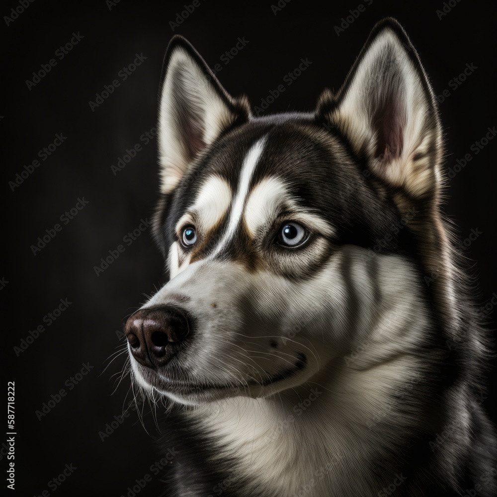 Portrait of  Siberian Husky Black Background, Generative AI
