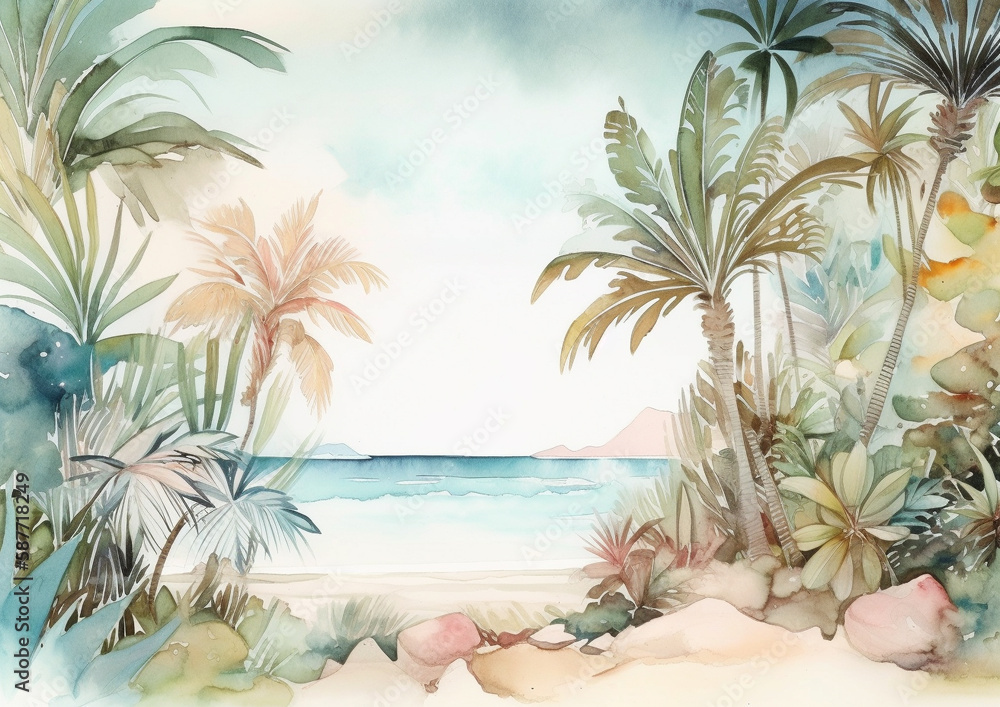tropical beach landscape with palm trees and sand, watercolour style, generative ai
tropical beach landscape with palm trees and sand, watercolour style, generative ai