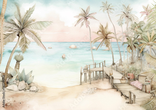 tropical beach landscape with palm trees and sand, watercolour style, generative ai 