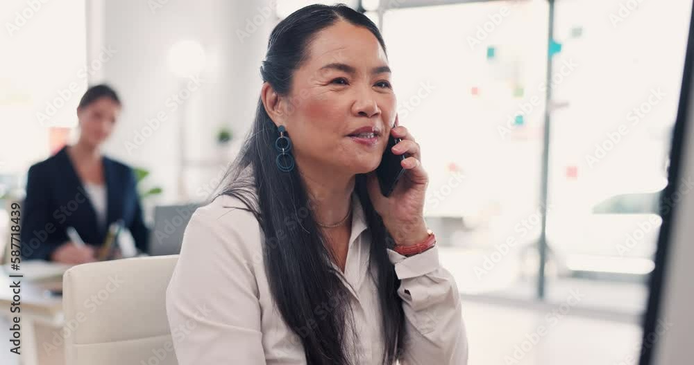 Employee, phone call and Asian woman with conversation, schedule for new project, ideas and planning in workplace. Japanese female, employee or consultant with cellphone or communication in workplace Employee, phone call and Asian woman with conversation, schedule for new project, ideas and planning in workplace. Japanese female, employee or consultant with cellphone or communication in workplace