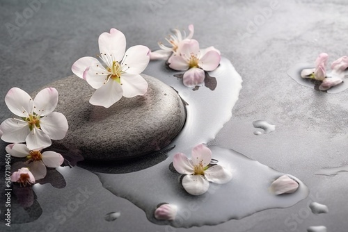 Beautiful flowers on a rock in a water. Spa image. Generated ai.
