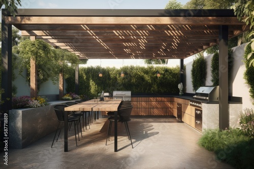 Illustration of an outdoor kitchen with dining area. Generative AI