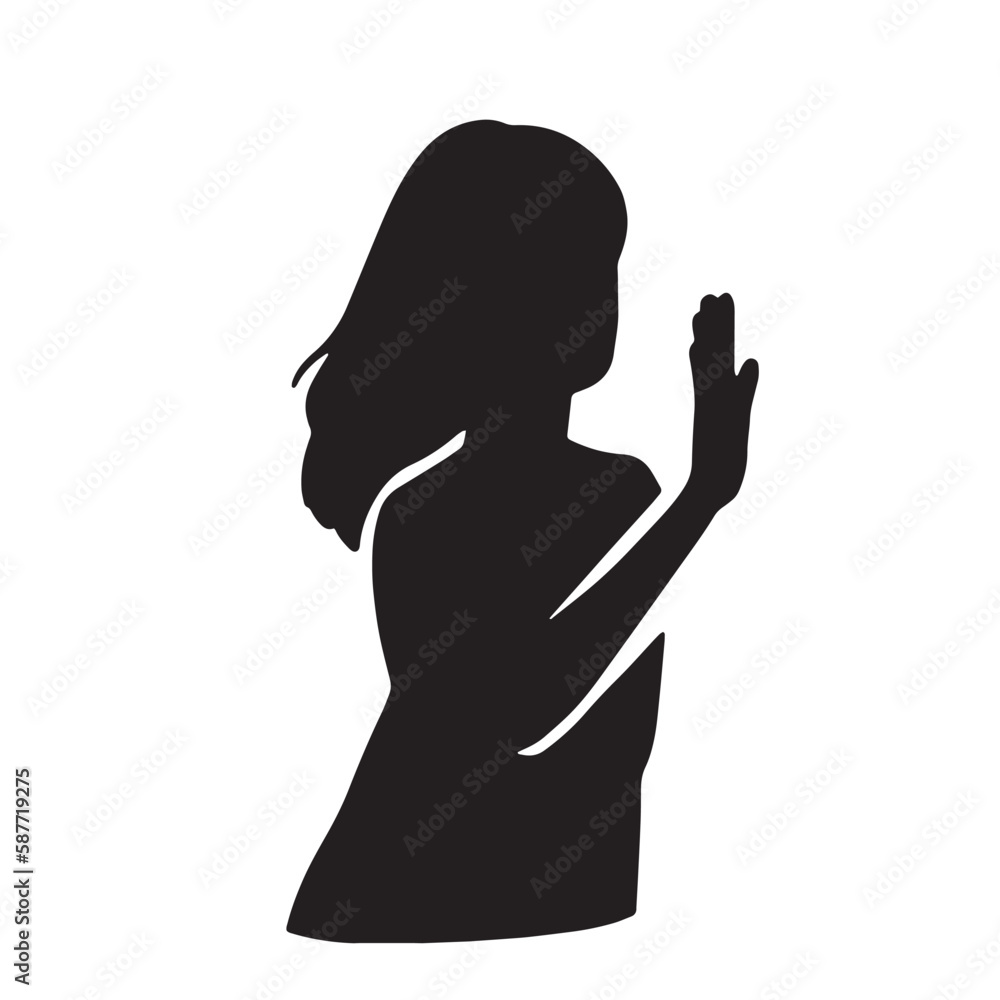 手を前に出して制止する女性のシルエットイラスト　黒