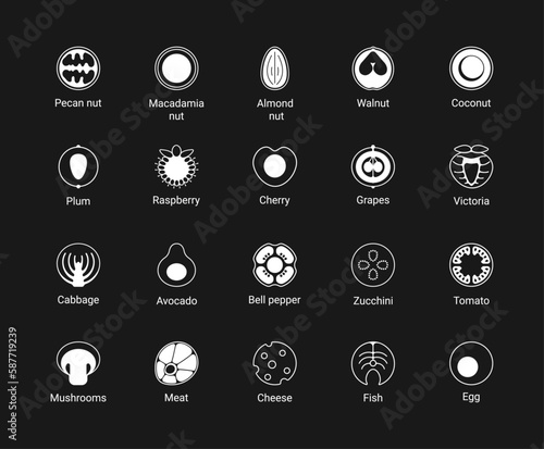 Food fruits glyph icon set. Vector pictograms, black sign silhouette illustration. Set. Keto Diet. Food icons. White icons with text on black background