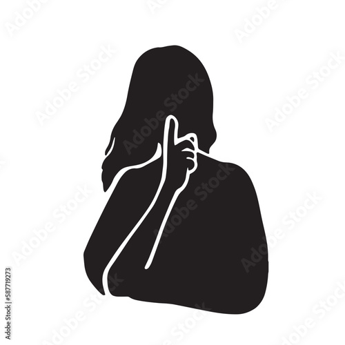 口元に手を当てて内緒のジェスチャーをする女性のシルエットイラスト　黒