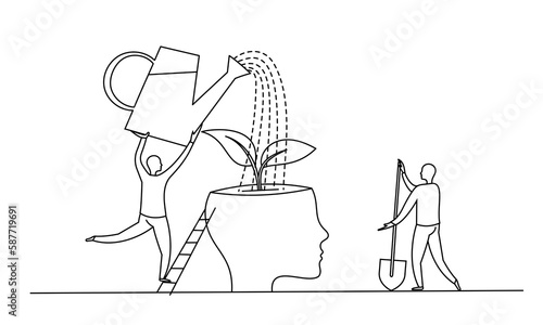 People grow a sprout in the head. Educational concept. Formation of belief, brainwashing, propaganda. Minimalistic outline black and white vector drawing.