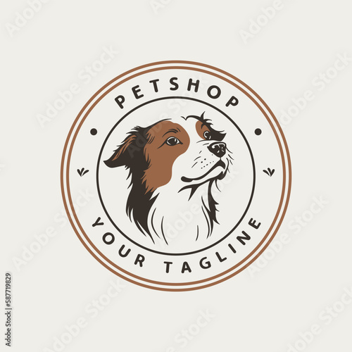 Round pet shop logo with cute puppy head in the middle