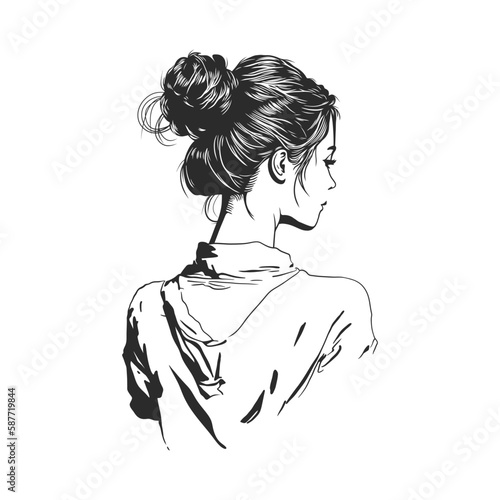 Women figure from behind with messy bun hair style. Black and white vector line art