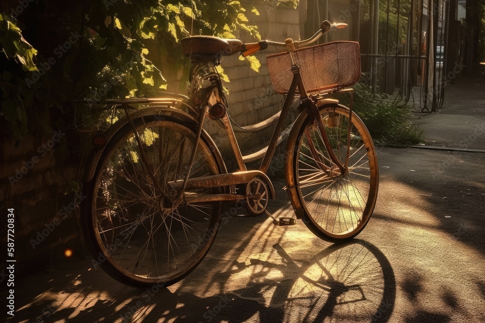 bicycle parked next to a brick building on a sunny day. Generative AI
