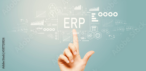 ERP - Enterprise resource planning theme with hand pressing a button on a technology screen