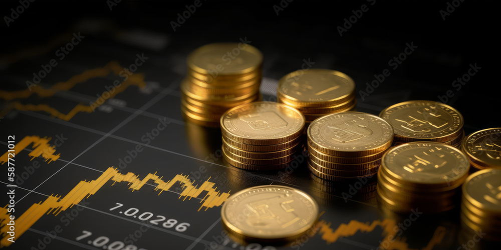 A graph with a group of golden Dollar US coins and the outcomes of economic development is displayed. economical background for 3D illustrations - Generative AI A graph with a group of golden Dollar US coins and the outcomes of economic development is displayed. economical background for 3D illustrations - Generative AI