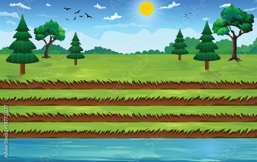 Vector illustration of a beautiful natural landscape cartoon background with stairs, lake, trees, sun