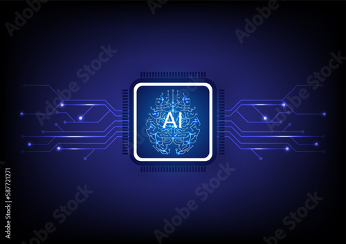 Brain circuit and microchip on technology background.