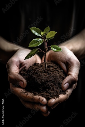 Environment Earth Day. Between his two hands is the soil and the sapling. Environmental nature awareness concept