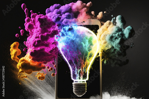 Lightbulb on smartphone screen with colored powder. Generative AI.