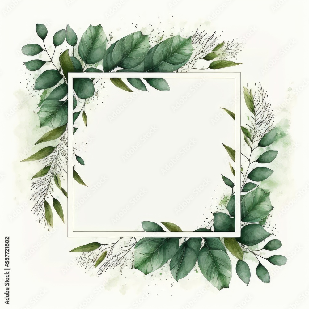Square frame of green leaves with watercolor painting with watercolor ...