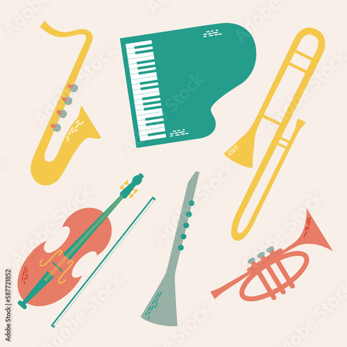 Vector set of musical jazz instruments drawn in cartoon flat style. Isolated on beige background big band orchectra - piano, wind trumpet, saxophone, clarinet, trombone.
