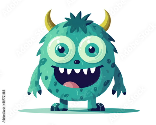 Funny cartoon monster with horns and green eyes. Vector illustration.