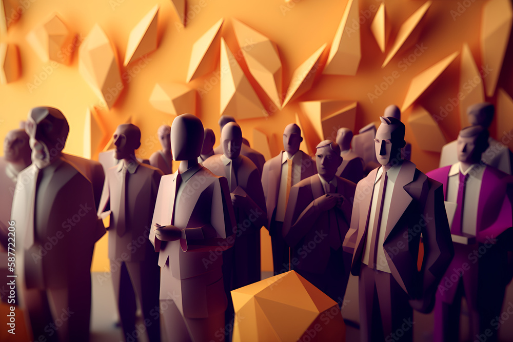 Low Poly Generative AI of Multicultural People At Work. Different Employees Working Together 