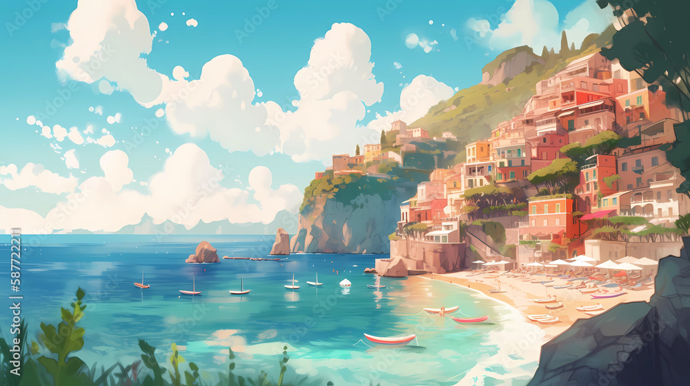 Morning view of the small town of Positano on the Mediterranean coast, Italy