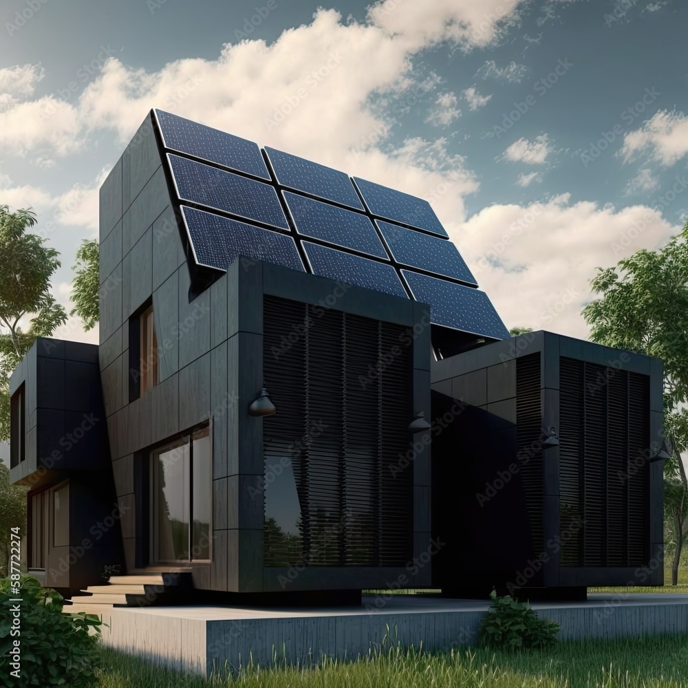 Obraz premium Constructed homes with solar panels on the roof.Generative AI