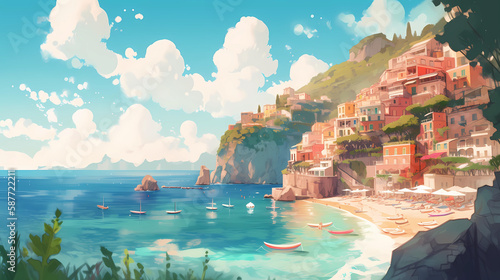 Morning view of the small town of Positano on the Mediterranean coast, Italy