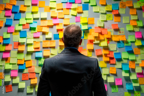 Person looking at writing down ideas on wall full of sticky notes. Sharing a vision and ideas. Generative ai