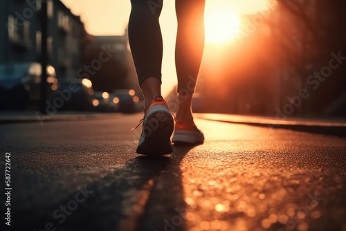 A Girl runner makes a morning run in a city street. Sneaker shoes closeup. Jogging, running, wellness, fitness, health concept.Defocussed and blurred background