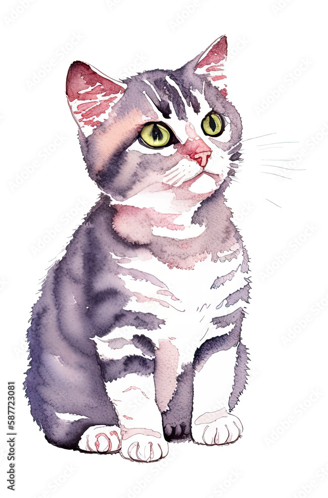 watercolor little cat with hand drawn illustration style. generative ai