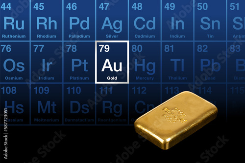 Cast gold bar, and periodic table with highlighted chemical element gold, with Latin name aurum, symbol Au, and atomic number 79. A 250 gram bullion bar, 8 troy ounces of the refined chemical element. photo