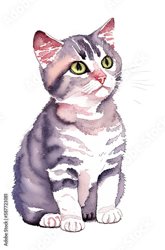 watercolor little cat with hand drawn illustration style. generative ai © slowbuzzstudio