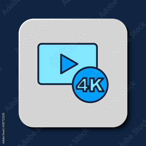 Filled outline Screen tv with 4k Ultra HD video technology icon isolated on blue background. Vector
