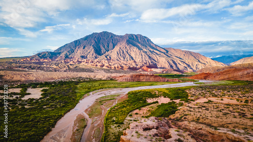 Aerial Drone Above Cafayate Vineyards and Town, Scenic Grape Production Field and Agricultural Village next to Andean Cordillera, Salta, Argentina photo