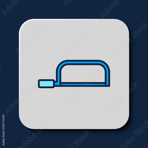 Filled outline Hacksaw icon isolated on blue background. Metal saw for wood and metal. Vector