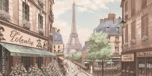 Parisian Dream: A Vintage Travel Poster of a Charming Street Scene with a Café, Flower Market, and a Glimpse of the Eiffel Tower in the Distance.