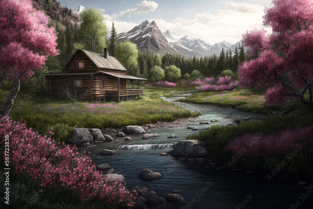 Fototapeta premium Majestic view of a wood log touristic cabin with a river nearby and mountain. Beautiful serene rustic landscape illustration. Ai generated