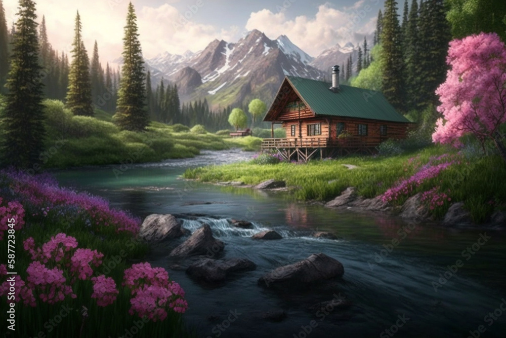 Majestic view of a wood log touristic cabin with a river nearby and mountain. Beautiful serene rustic landscape illustration. Ai generated Majestic view of a wood log touristic cabin with a river nearby and mountain. Beautiful serene rustic landscape illustration. Ai generated