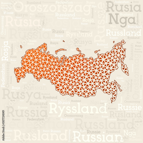 Russia map design. Country names in different languages and map shape with geometric low poly triangles. Superb vector illustration of Russia.
