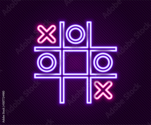 Glowing neon line Tic tac toe game icon isolated on black background. Colorful outline concept. Vector