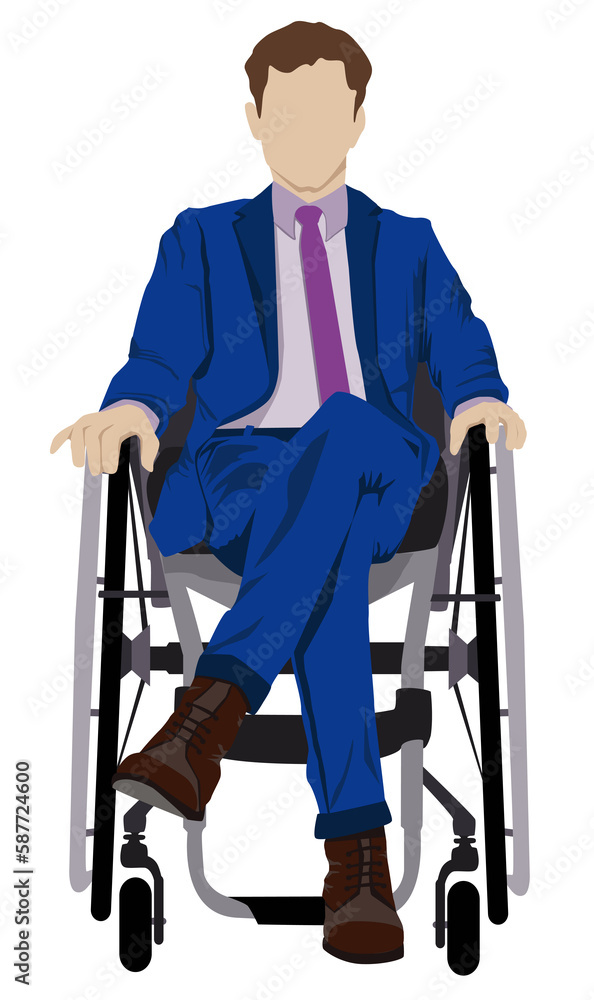 Un homme d’affaires handicapé, dans son costume bleu avec une attitude positive envers son handicap. Blessure à la moelle épinière. Combattre les préjugés sur le handicap, Concept inclusion Un homme d’affaires handicapé, dans son costume bleu avec une attitude positive envers son handicap. Blessure à la moelle épinière. Combattre les préjugés sur le handicap, Concept inclusion